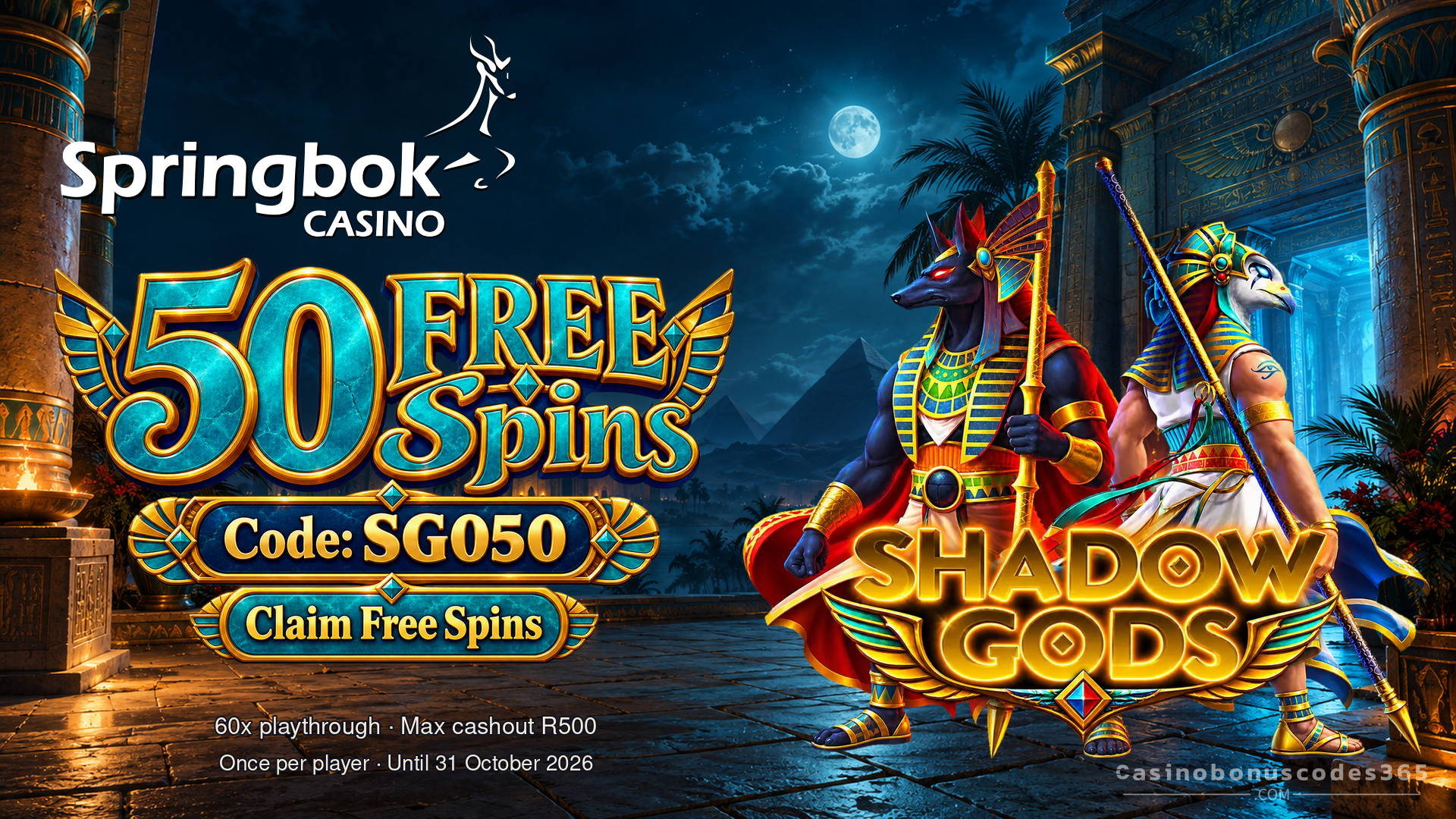 Springbok Shadow Gods: 50 FREE Spins with SG050