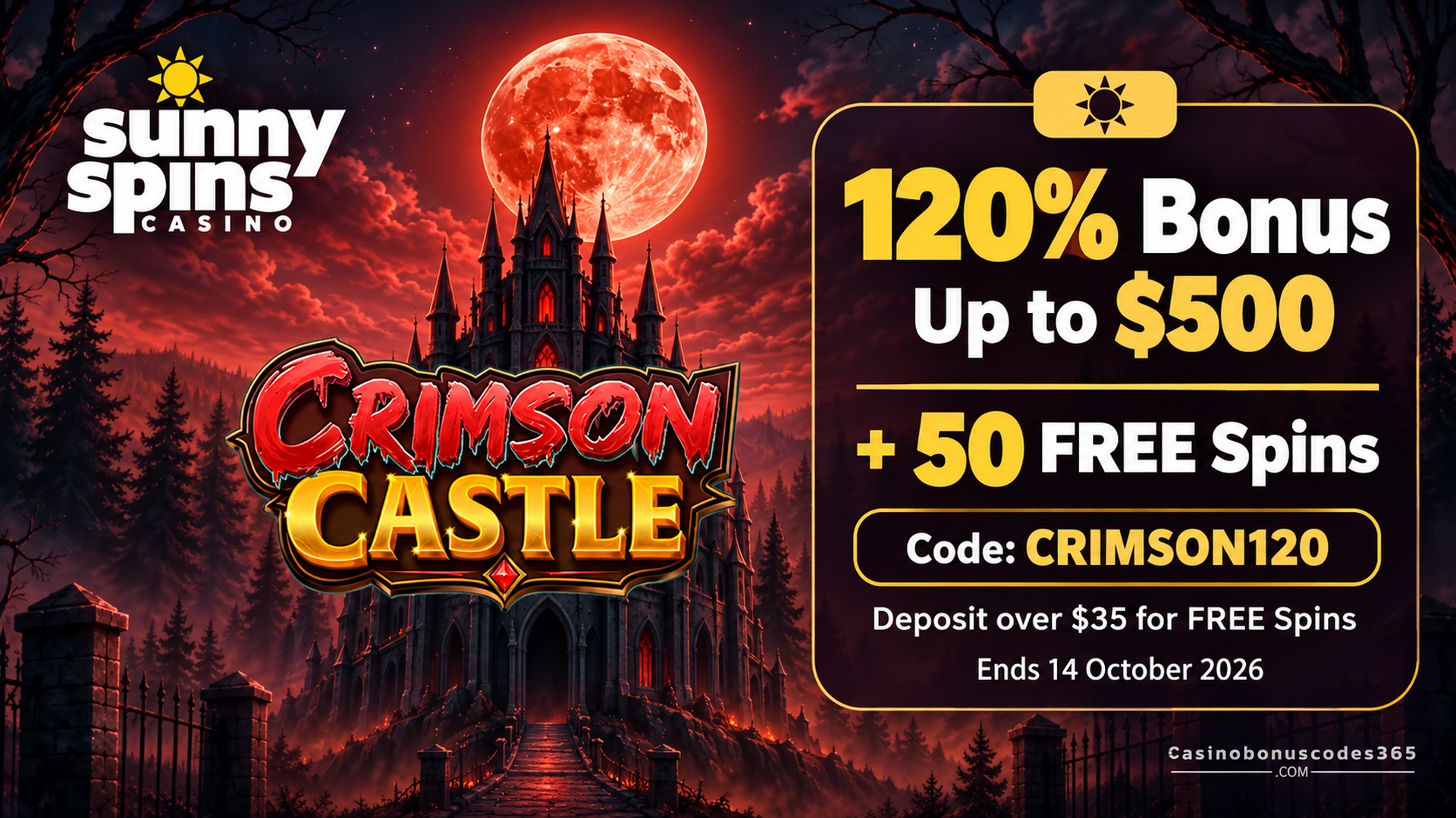 SunnySpins Crimson Castle: 120% Bonus + 50 FREE Spins