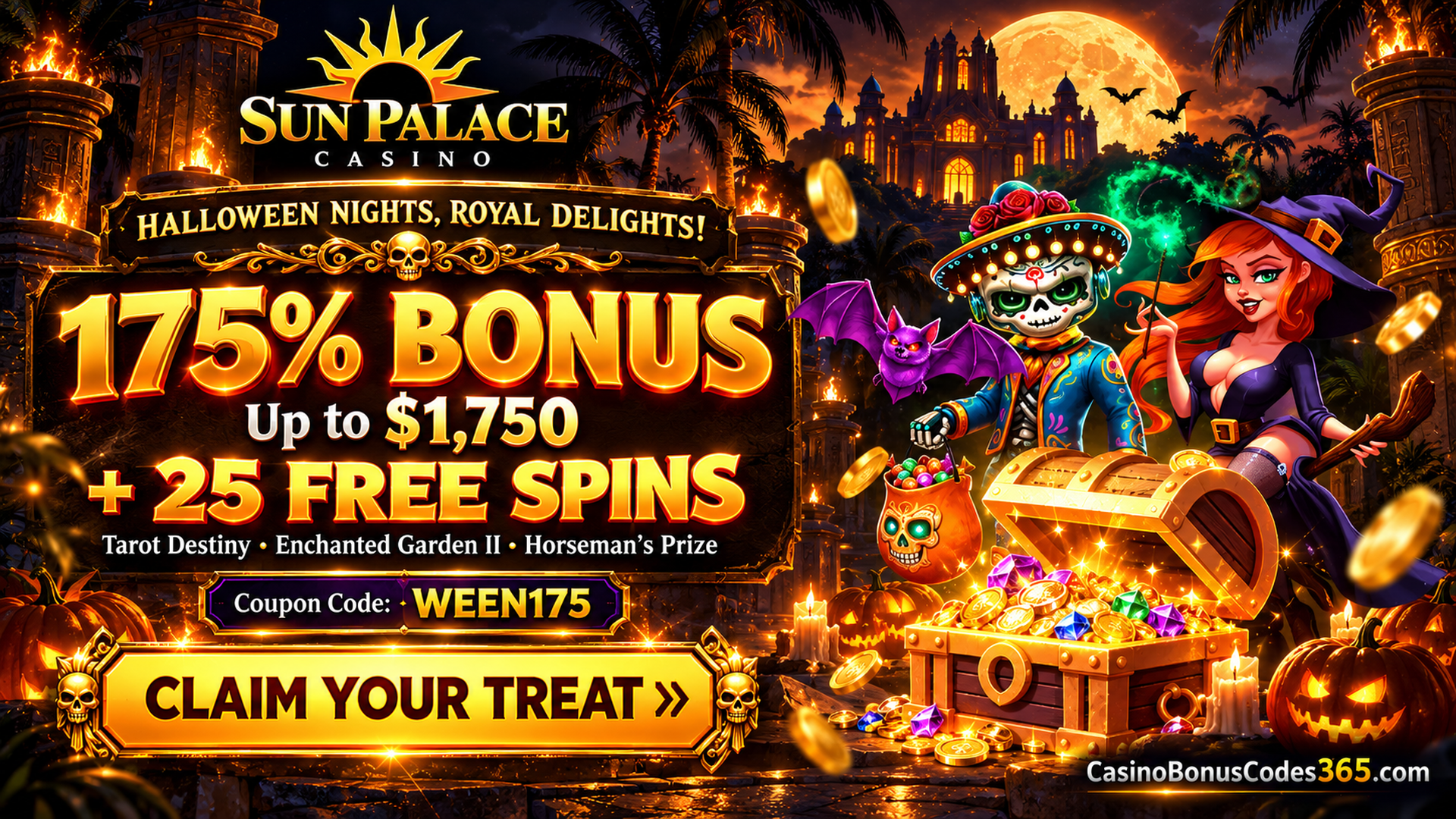 Sun Palace Casino: 175% up to $1,750 and 25 Halloween FREE Spins