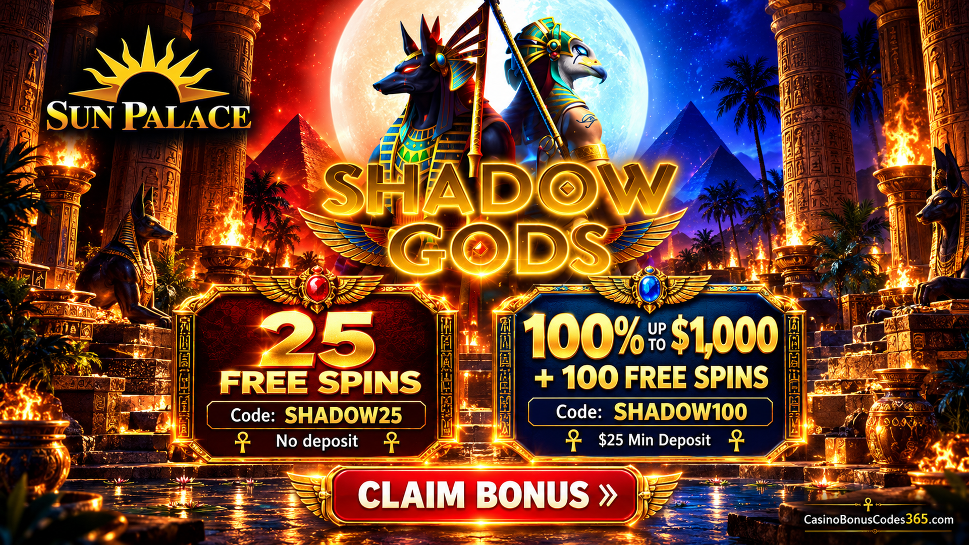 Sun Palace Casino Shadow Gods Bonuses: 25 FREE Spins and 100% Match