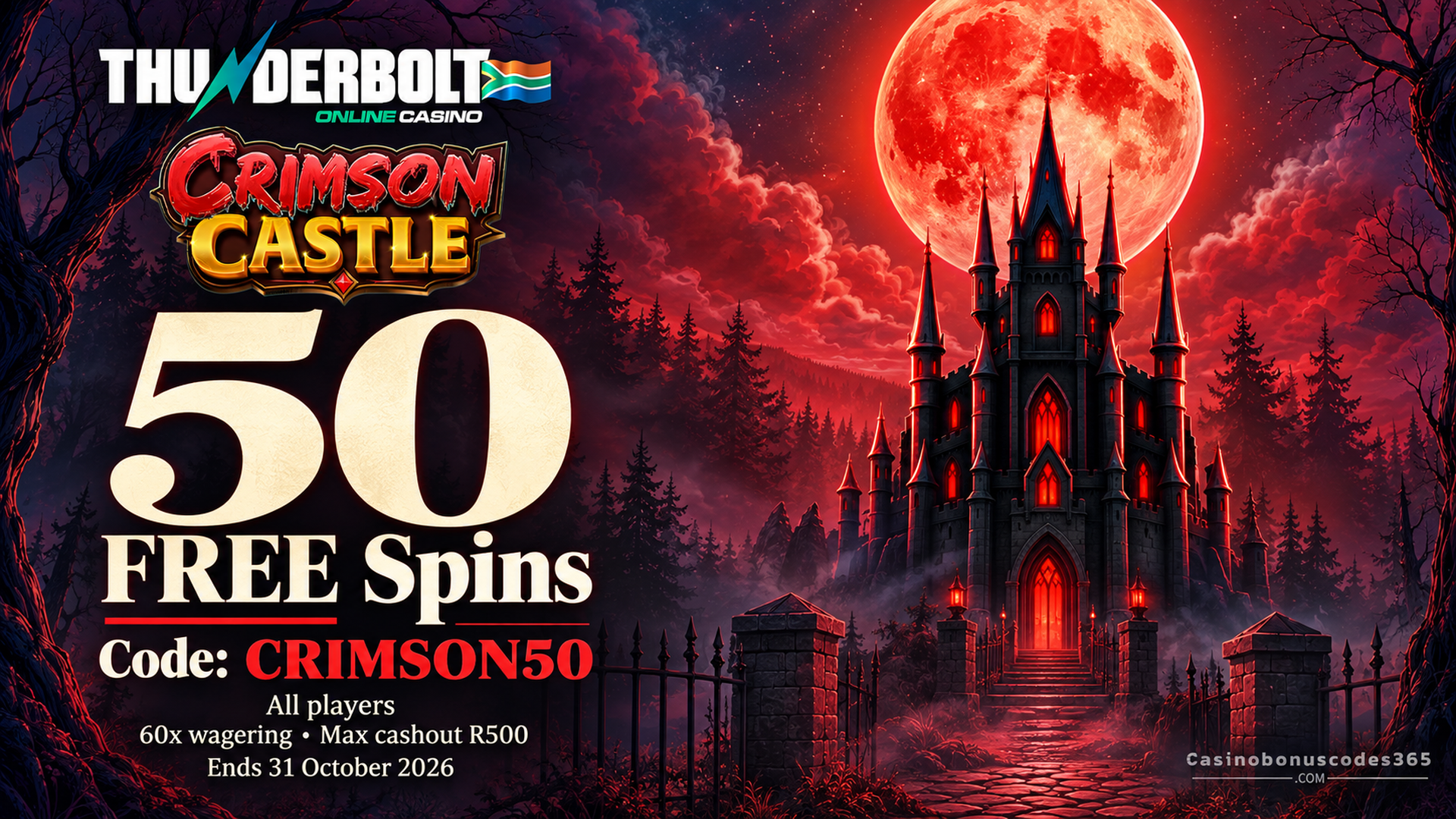 Thunderbolt Casino 50 Crimson Castle FREE Spins with code CRIMSON50