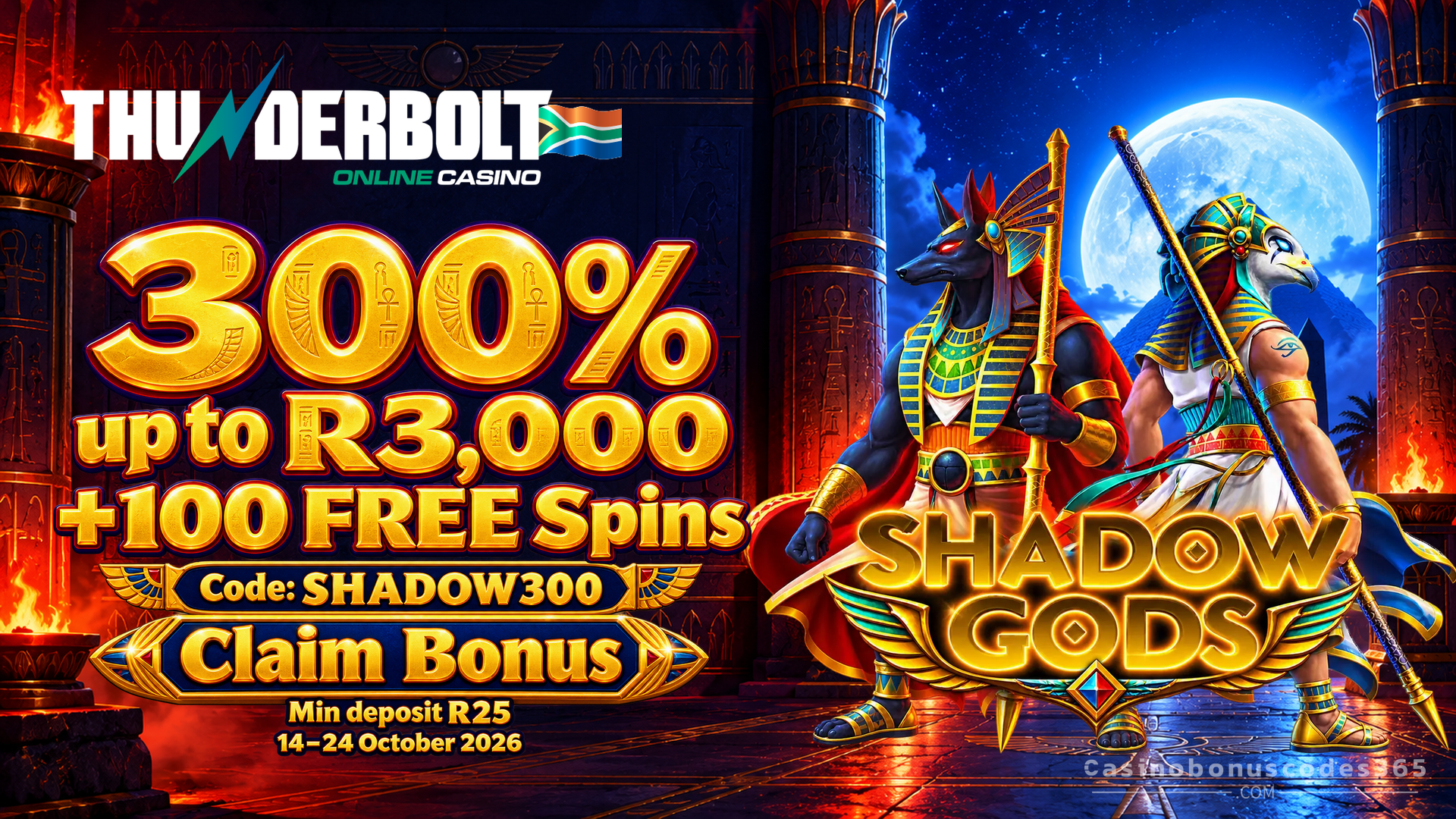 Thunderbolt Casino Shadow Gods: 300% up to R3,000 + 100 FREE Spins