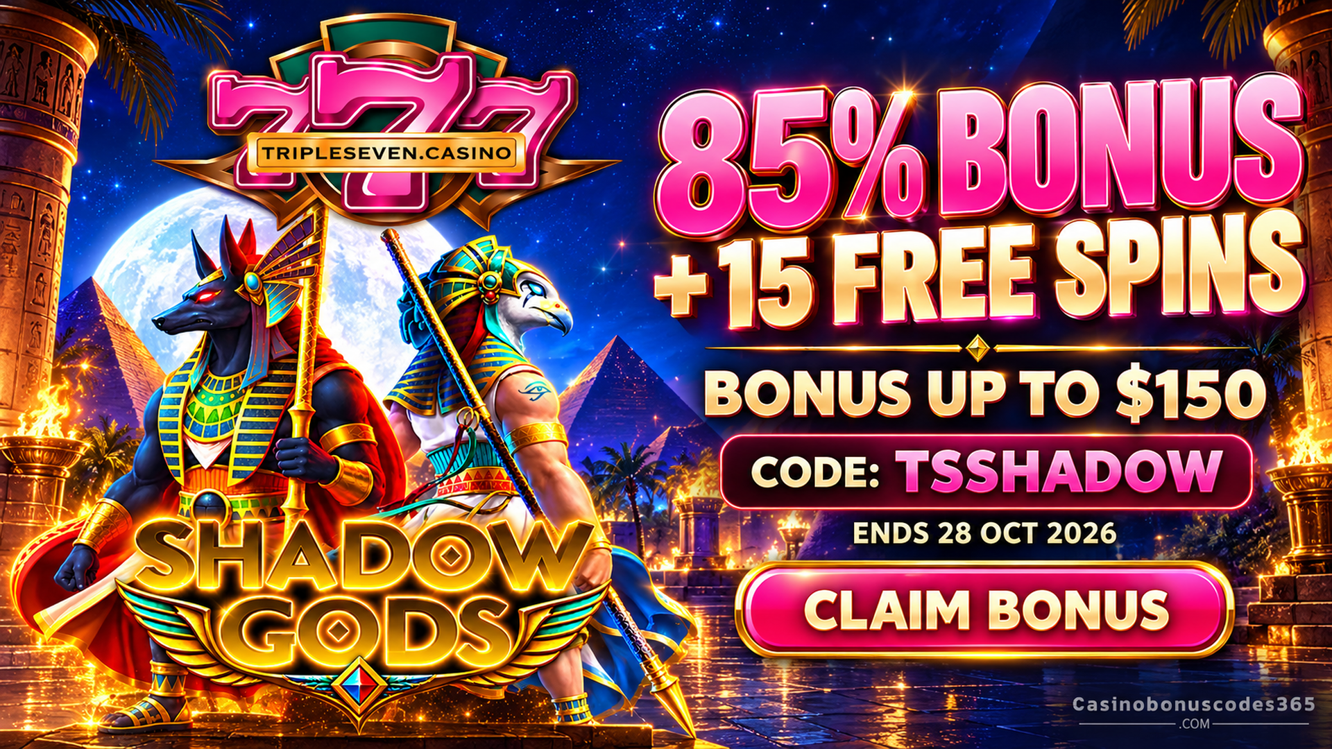 Triple 7 Casino Shadow Gods: 85% Bonus + 15 FREE Spins