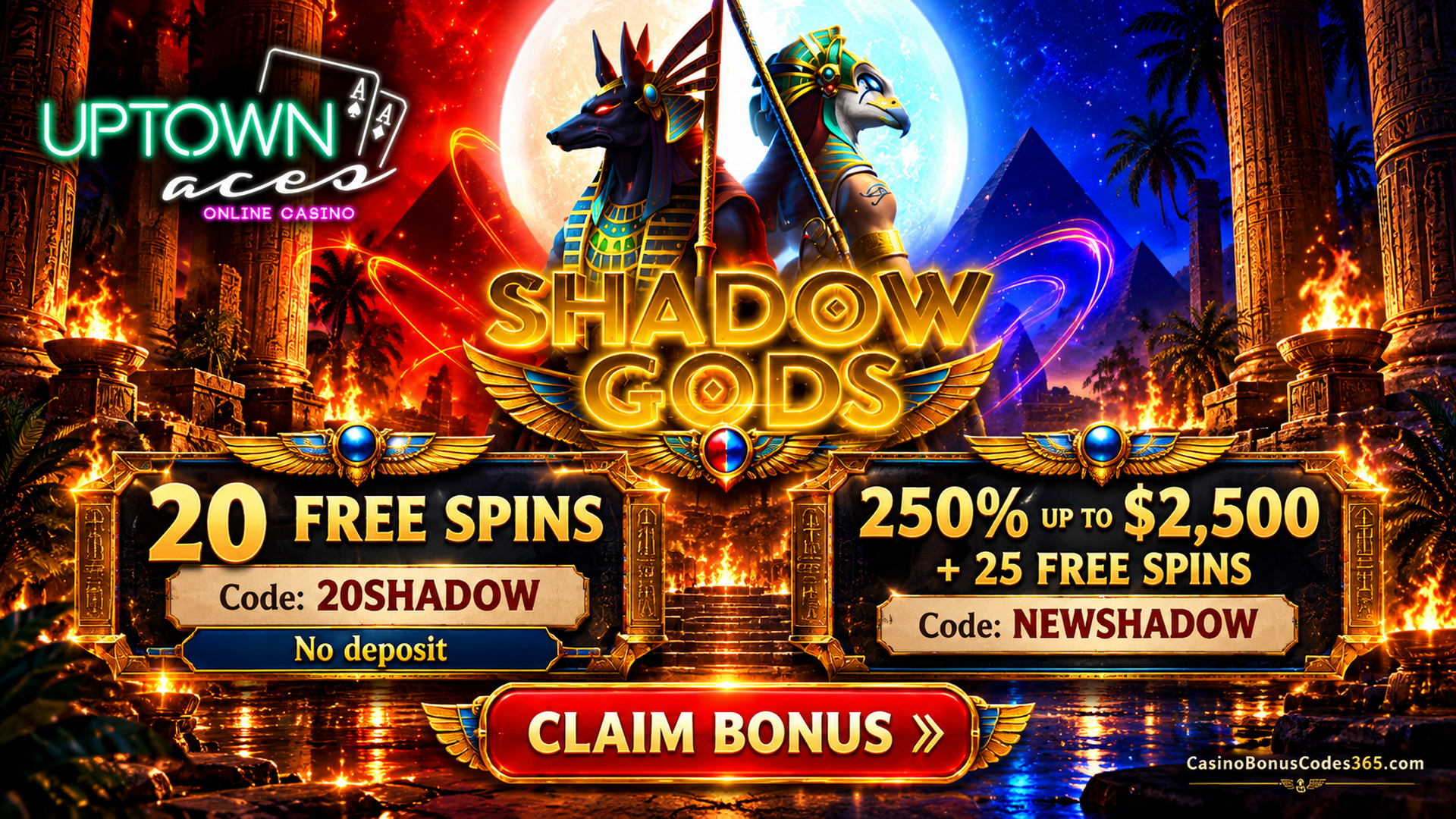 Uptown Aces Casino: 20 Shadow Gods FREE Spins + 250% Bonus