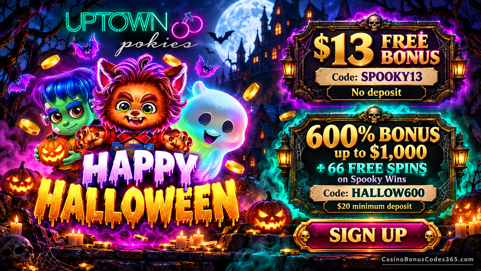 Uptown Pokies Casino: 600% + 66 Spooky Wins FREE Spins and $13 Free