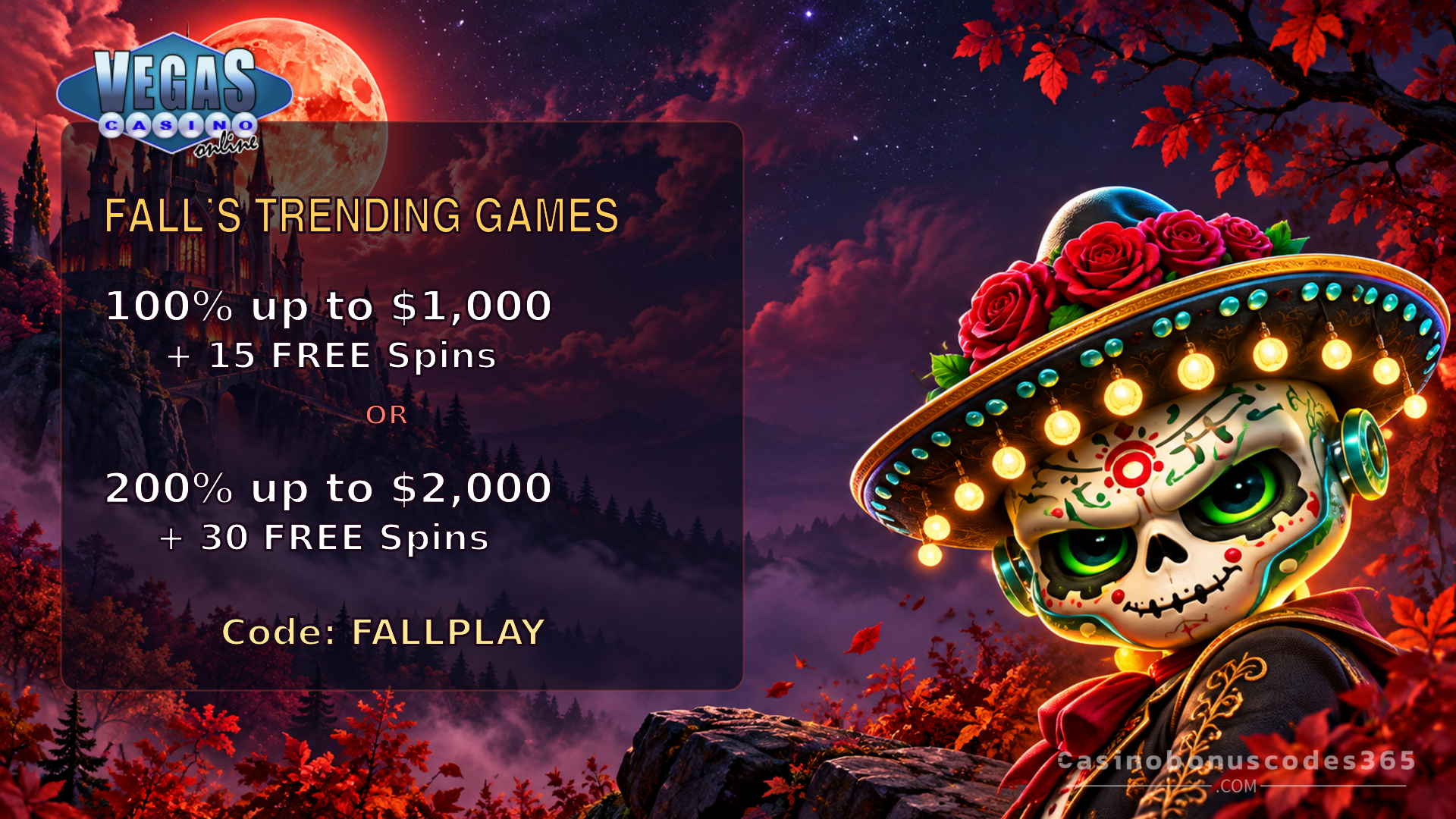 Vegas Casino Online Fall Offer: 15 or 30 FREE Spins + Bonus Cash