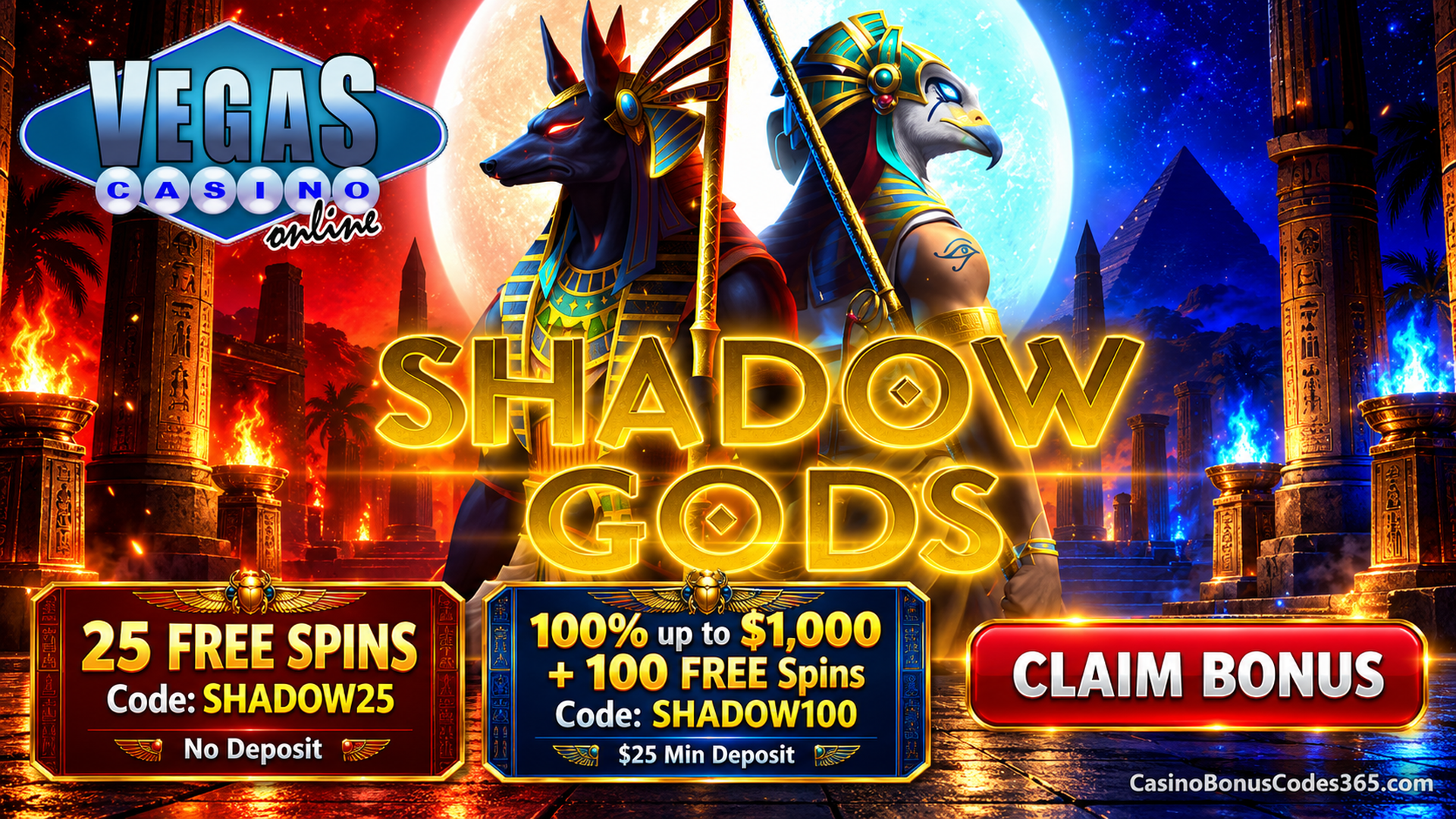Vegas Casino Online: 25 No Deposit FREE Spins on Shadow Gods